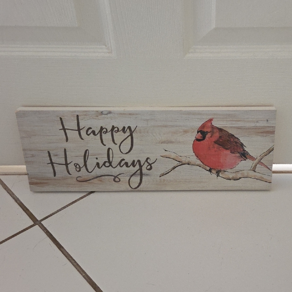 Happy Holidays Wooden Sign with Red Cardinal